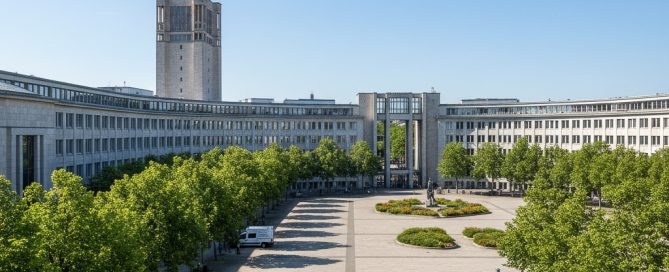 Fehrbelliner Platz in Berlin Wilmersdorf, Verwaltungszentrum mit Rathaus und Bürogebäuden, wichtiger Standort für gewerbliche Gebäudereinigung