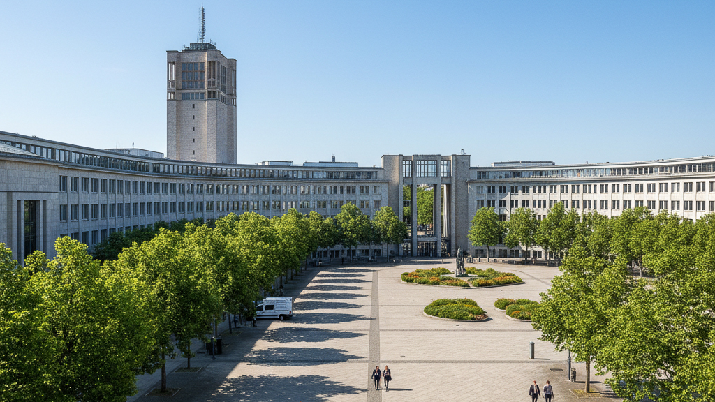 Fehrbelliner Platz in Berlin Wilmersdorf, Verwaltungszentrum mit Rathaus und Bürogebäuden, wichtiger Standort für gewerbliche Gebäudereinigung