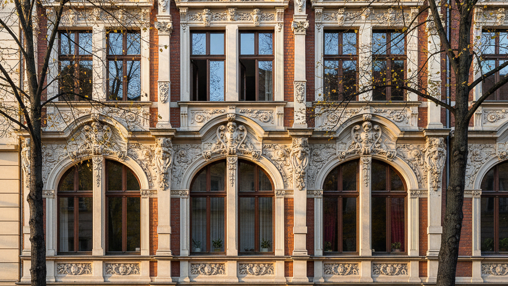 Wilhelminische Altbau-Fassade in Berlin Wilmersdorf mit Stuckverzierungen und historischen Fenstern