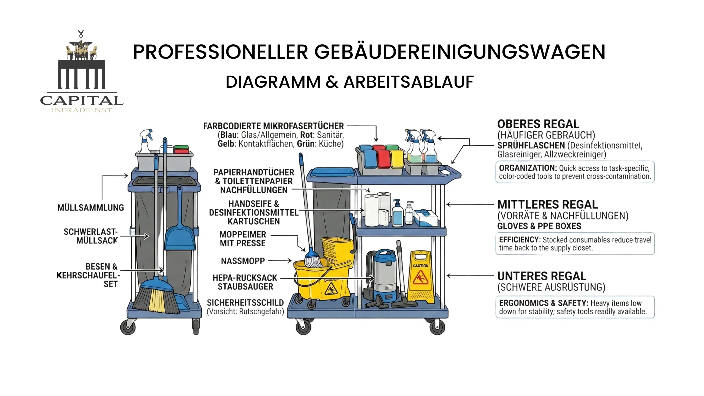 Infografik zum professionellen Reinigungswagen der Capital Infradienst GmbH. Das Diagramm visualisiert die Standard-Ausstattung in der Gebäudereinigung, inklusive 4-Farb-System zur Hygiene, Wischtechnik und dem strukturierten Arbeitsablauf einer Reinigungsfirma