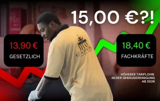 Tariflöhne 2026 in der Gebäudereinigung Berlin mit Vergleich zwischen gesetzlichem Mindestlohn 13,90 € und Branchenlohn 15,00 € sowie 18,40 € für Fachkräfte