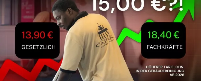 Tariflöhne 2026 in der Gebäudereinigung Berlin mit Vergleich zwischen gesetzlichem Mindestlohn 13,90 € und Branchenlohn 15,00 € sowie 18,40 € für Fachkräfte