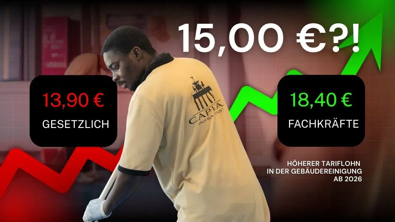 Tariflöhne 2026 in der Gebäudereinigung Berlin mit Vergleich zwischen gesetzlichem Mindestlohn 13,90 € und Branchenlohn 15,00 € sowie 18,40 € für Fachkräfte