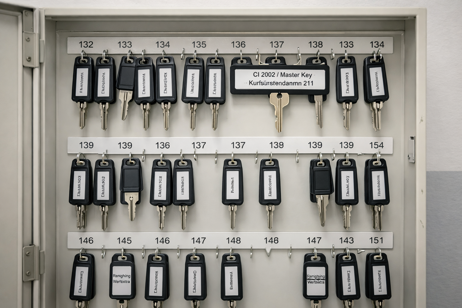 KI-generiertes Bild eines organisierten Schlüsselkastens eines Gebäudereinigungsunternehmens in Berlin, symbolisch für professionelle Treppenhausreinigung und Aufgangsreinigung in Wohn- und Gewerbeimmobilien; Darstellung dient ausschließlich zur Visualisierung, da reale Schlüssel- und Sicherheitsbereiche nicht öffentlich gezeigt werden.