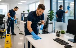 Professioneller Gebäudereiniger reinigt moderne Büroarbeitsplätze bei einer professionellen Büroreinigung in Berlin.