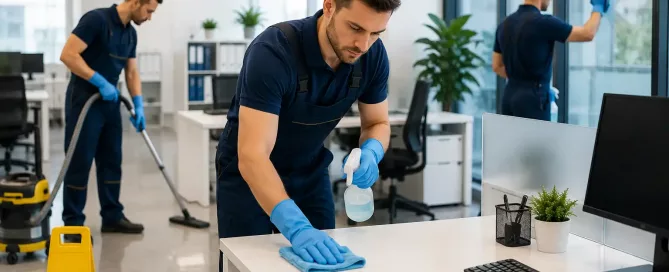 Professioneller Gebäudereiniger reinigt moderne Büroarbeitsplätze bei einer professionellen Büroreinigung in Berlin.