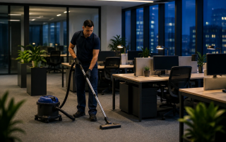 Male janitor vacuuming the carpet floor of a modern office at night.