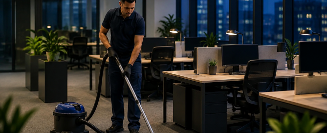 Male janitor vacuuming the carpet floor of a modern office at night.